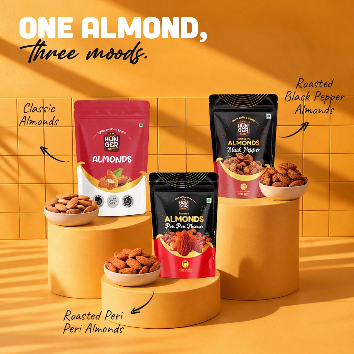 Hunger Nuts Almond Trio combo packs: California almonds, roasted peri peri almonds and roasted black pepper almonds
