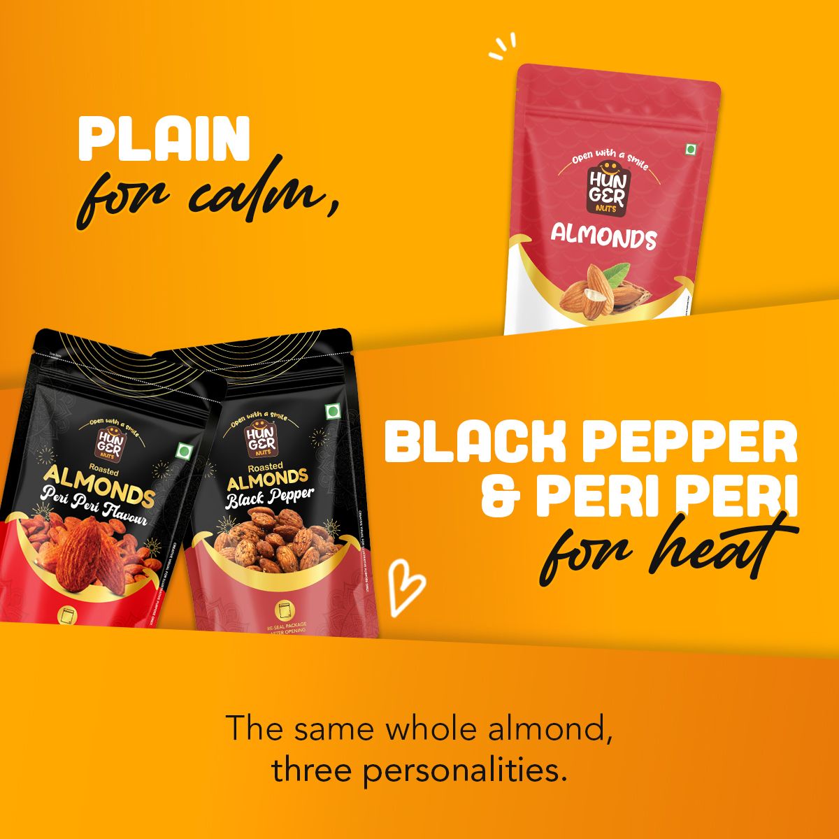 Hunger Nuts Almond Trio: classic and flavoured nut packs side by side