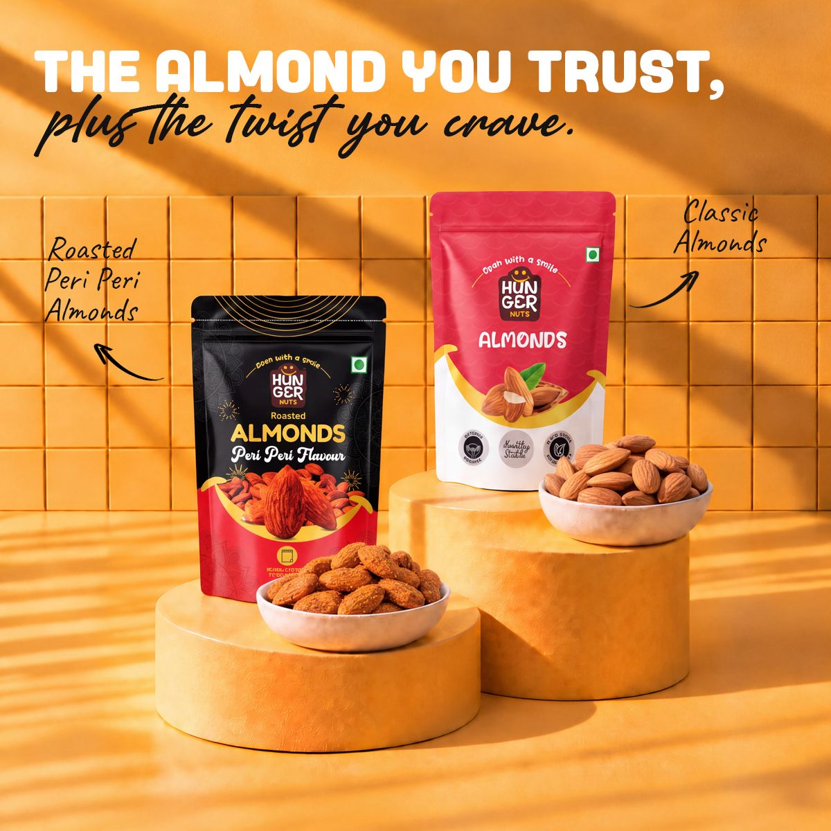 Hunger Nuts Almond Twist Duo combo packs: California almonds and roasted peri peri almonds