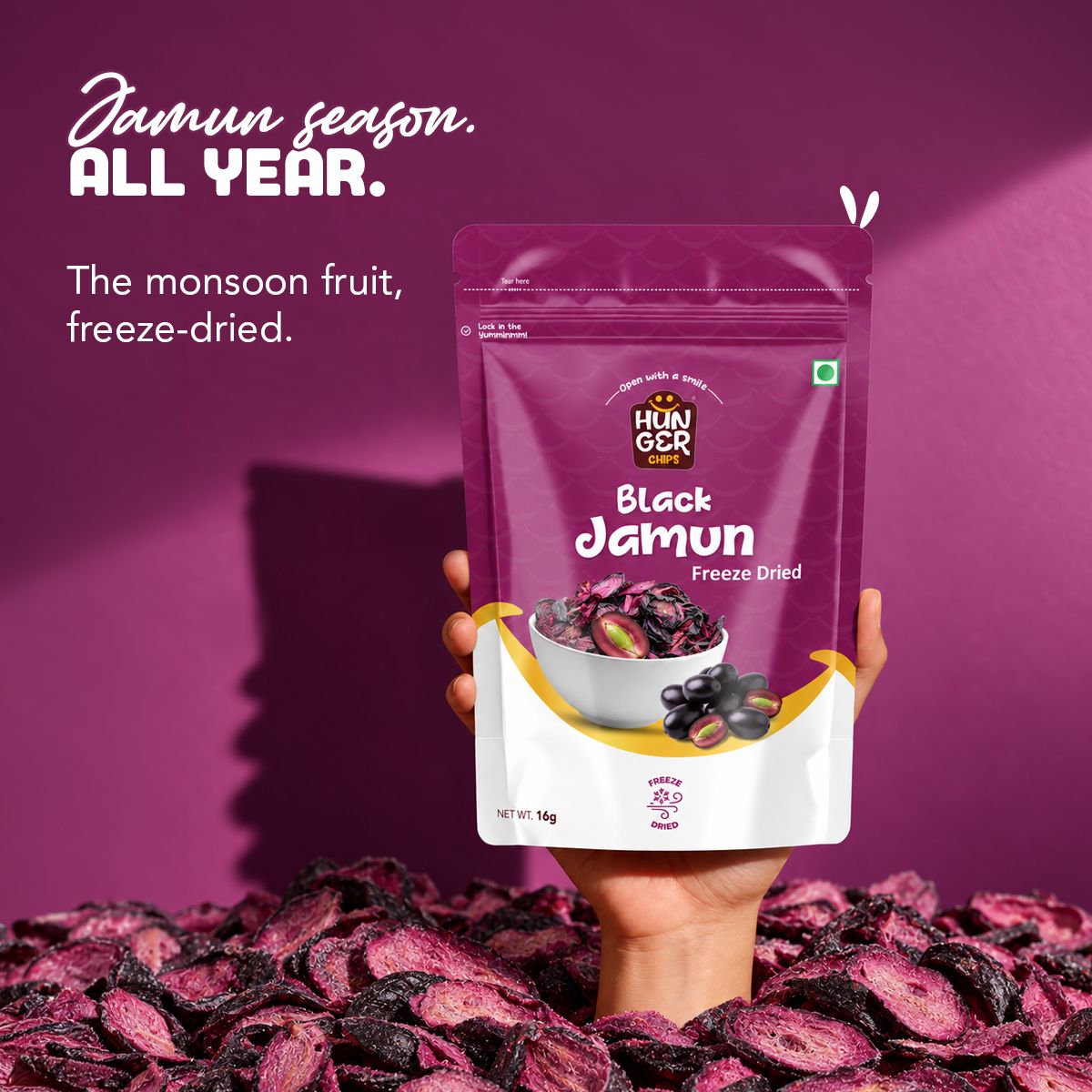Hunger Chips Freeze-Dried Black Jamun pouch – Jamun season. All year.