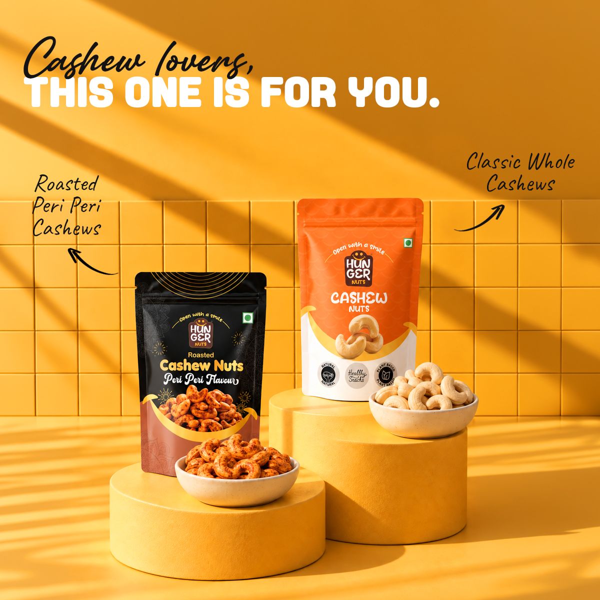 Hunger Nuts Cashew Lover's Duo combo packs: classic whole cashews and roasted peri peri cashews