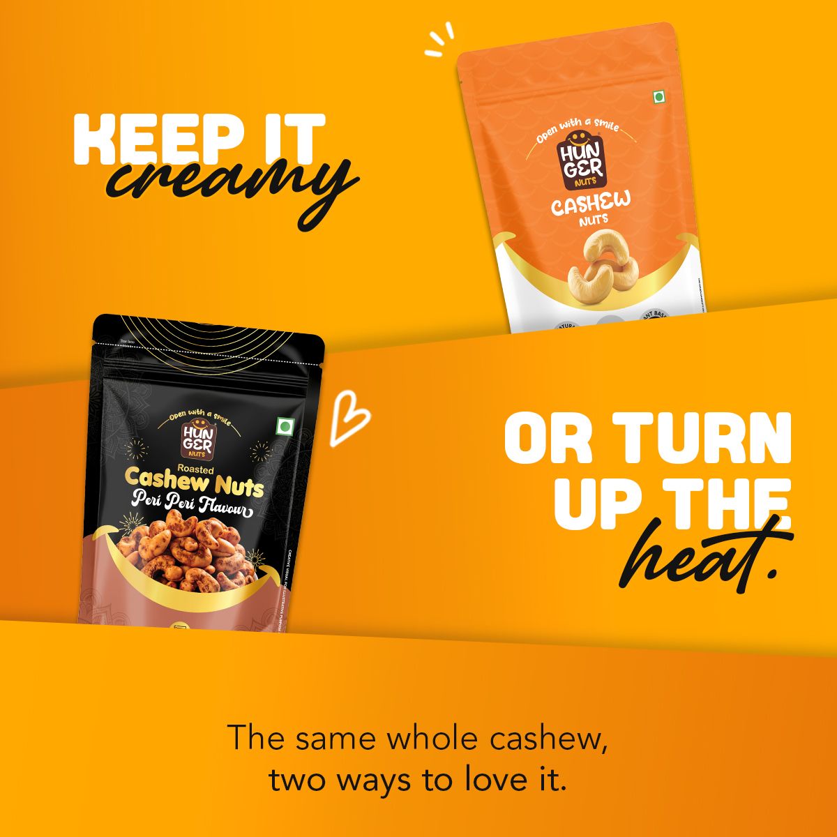 Hunger Nuts Cashew Lover's Duo: classic and flavoured nut packs side by side