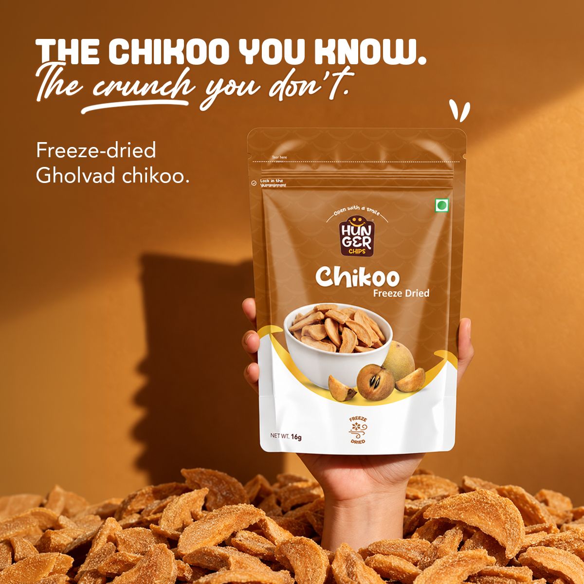 Hunger Chips Freeze-Dried Chikoo pouch – The chikoo you know. The crunch you don't.