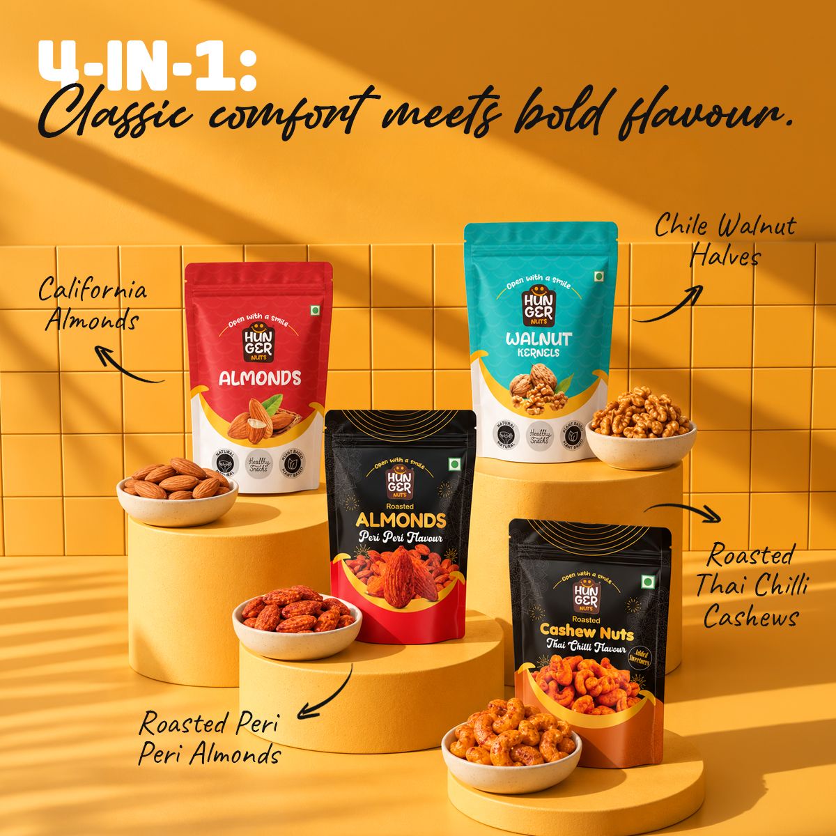 Hunger Nuts Classic & Bold Box combo packs: California almonds, Chile walnut halves, roasted peri peri almonds and roasted Thai chilli cashews