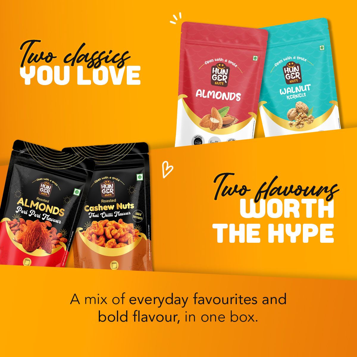 Hunger Nuts Classic & Bold Box: classic and flavoured nut packs side by side