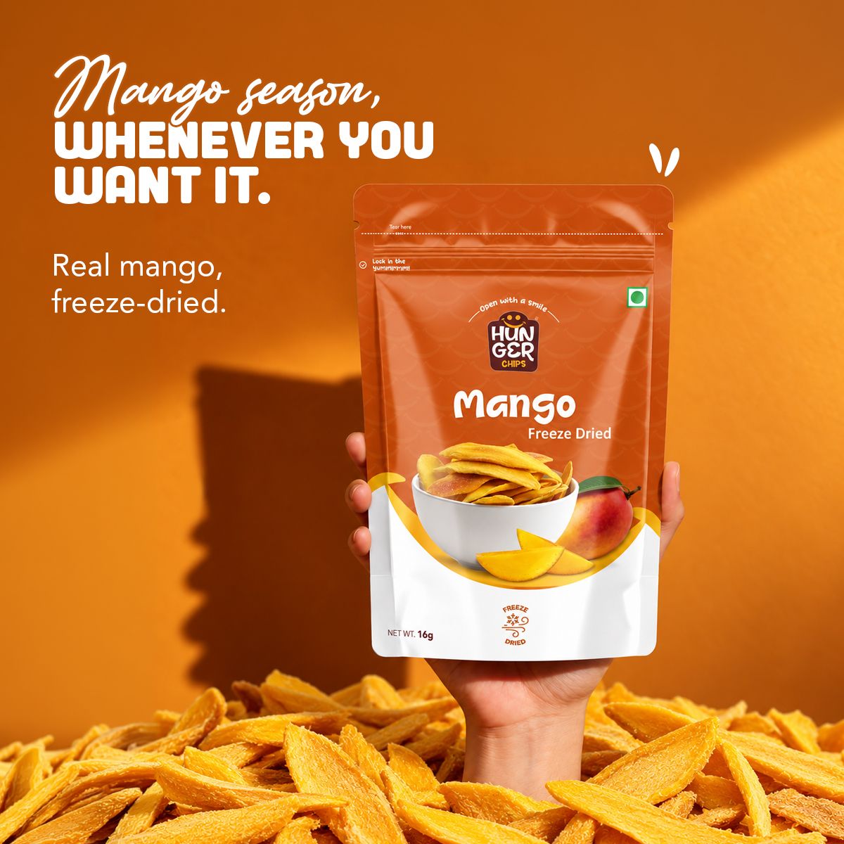 Hunger Chips Freeze-Dried Mango pouch – Mango season, whenever you want it.