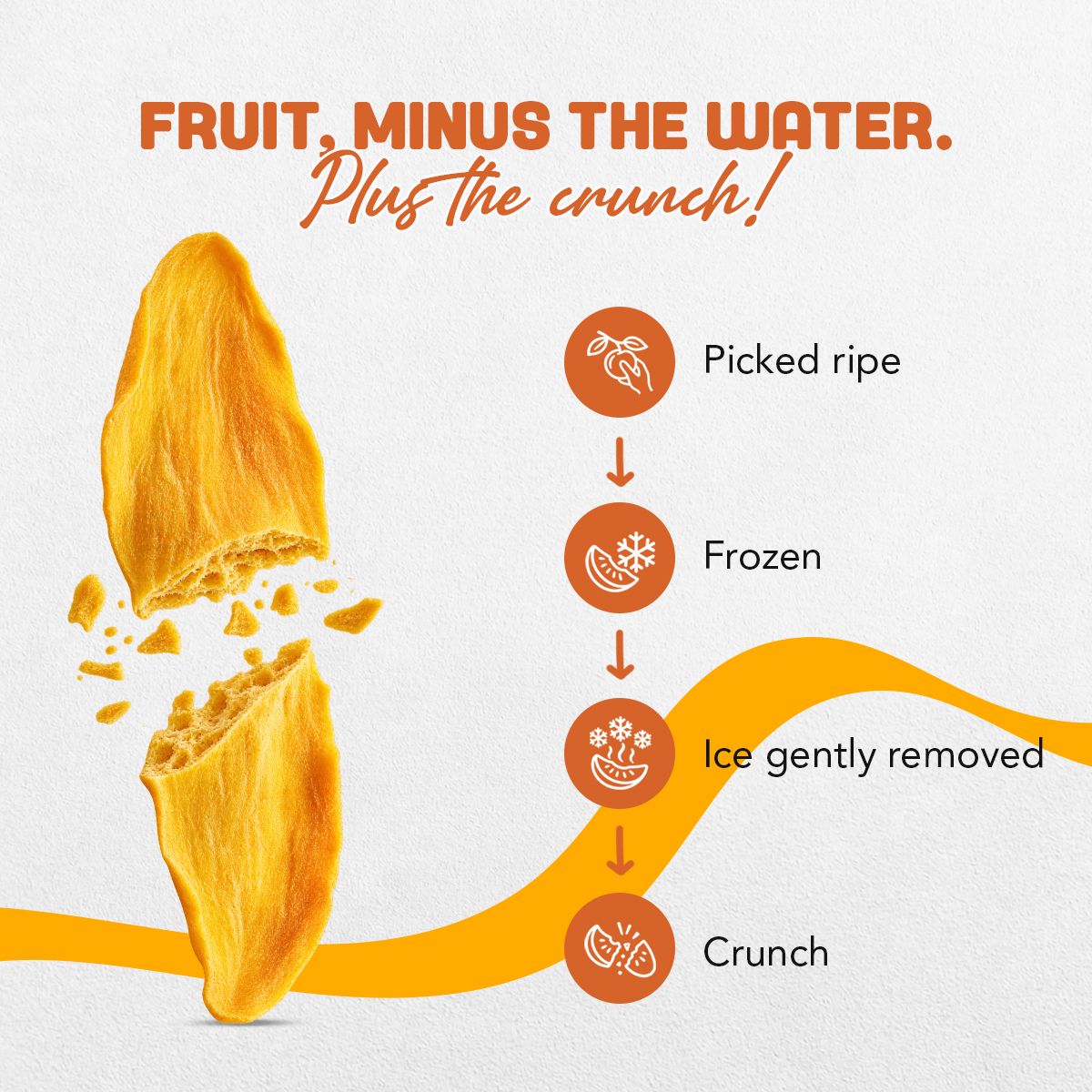 What is freeze-dried? Picked ripe, frozen, ice gently removed, crunch – freeze-dried mango