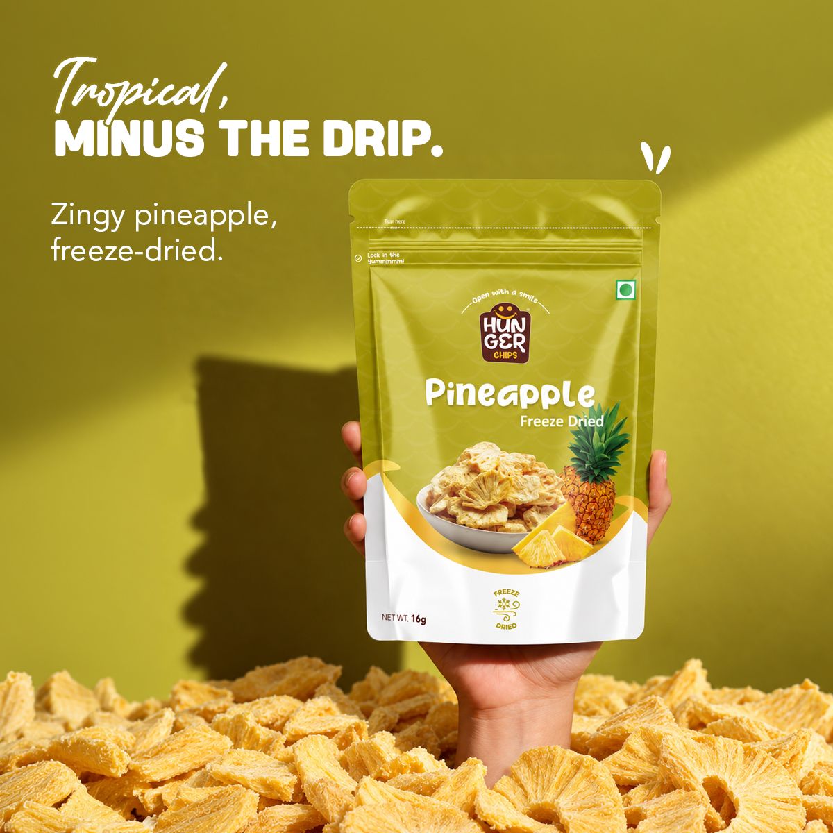 Hunger Chips Freeze-Dried Pineapple pouch – Tropical, minus the drip.