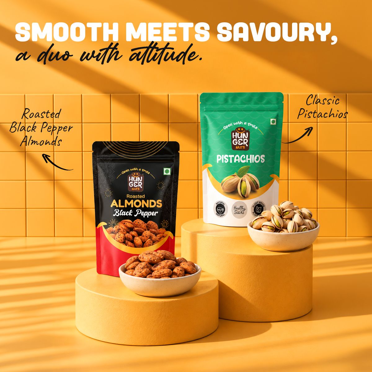 Hunger Nuts Pistachio & Pepper Duo combo packs: classic pistachios and roasted black pepper almonds