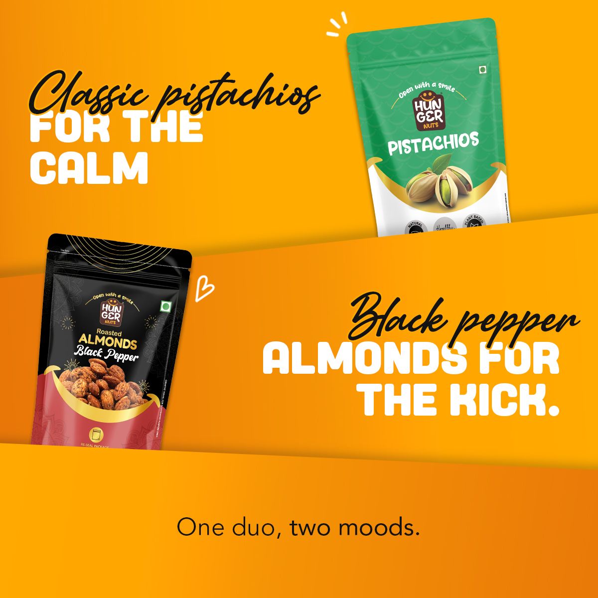 Hunger Nuts Pistachio & Pepper Duo: classic and flavoured nut packs side by side