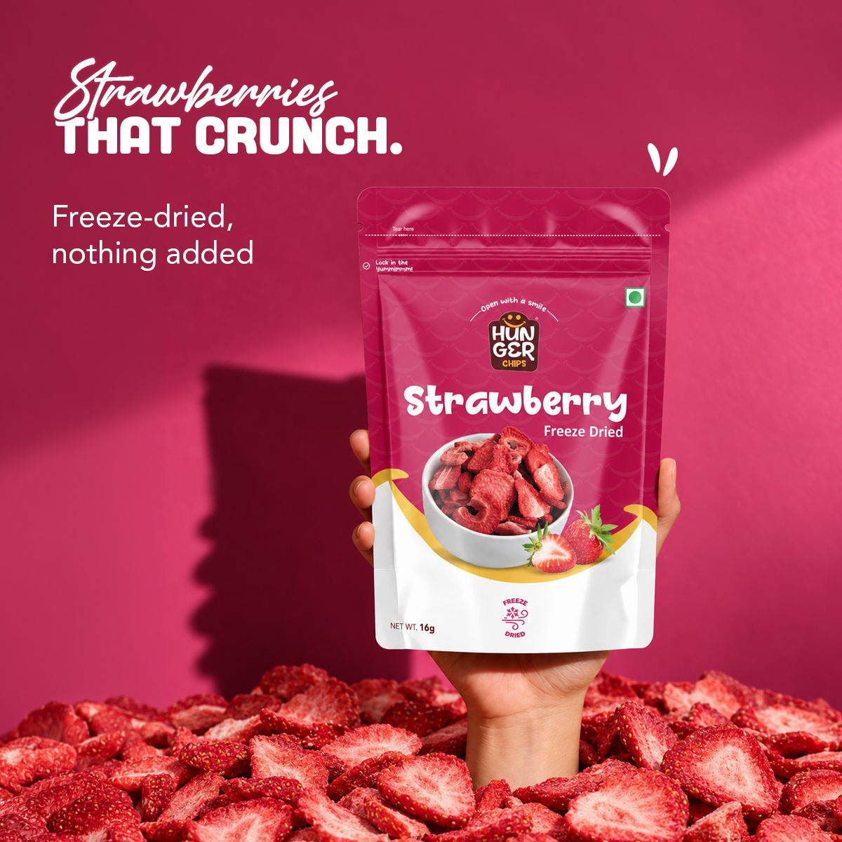 Hunger Chips Freeze-Dried Strawberry pouch – Strawberries that crunch.