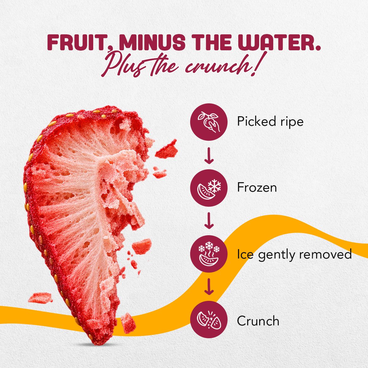 What is freeze-dried? Picked ripe, frozen, ice gently removed, crunch – freeze-dried strawberry