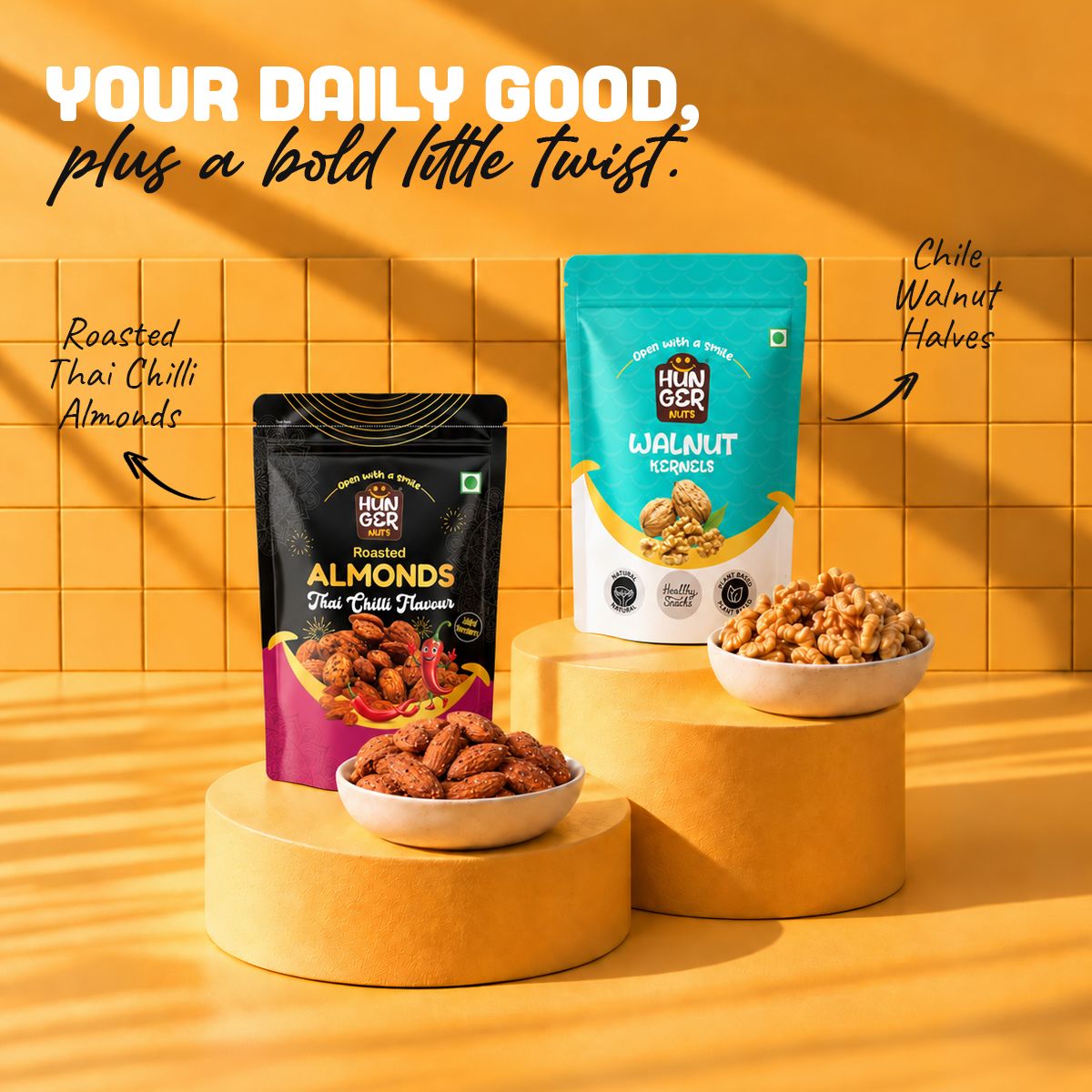 Hunger Nuts Walnut & Thai Chilli Duo combo packs: Chile walnut halves and roasted Thai chilli almonds