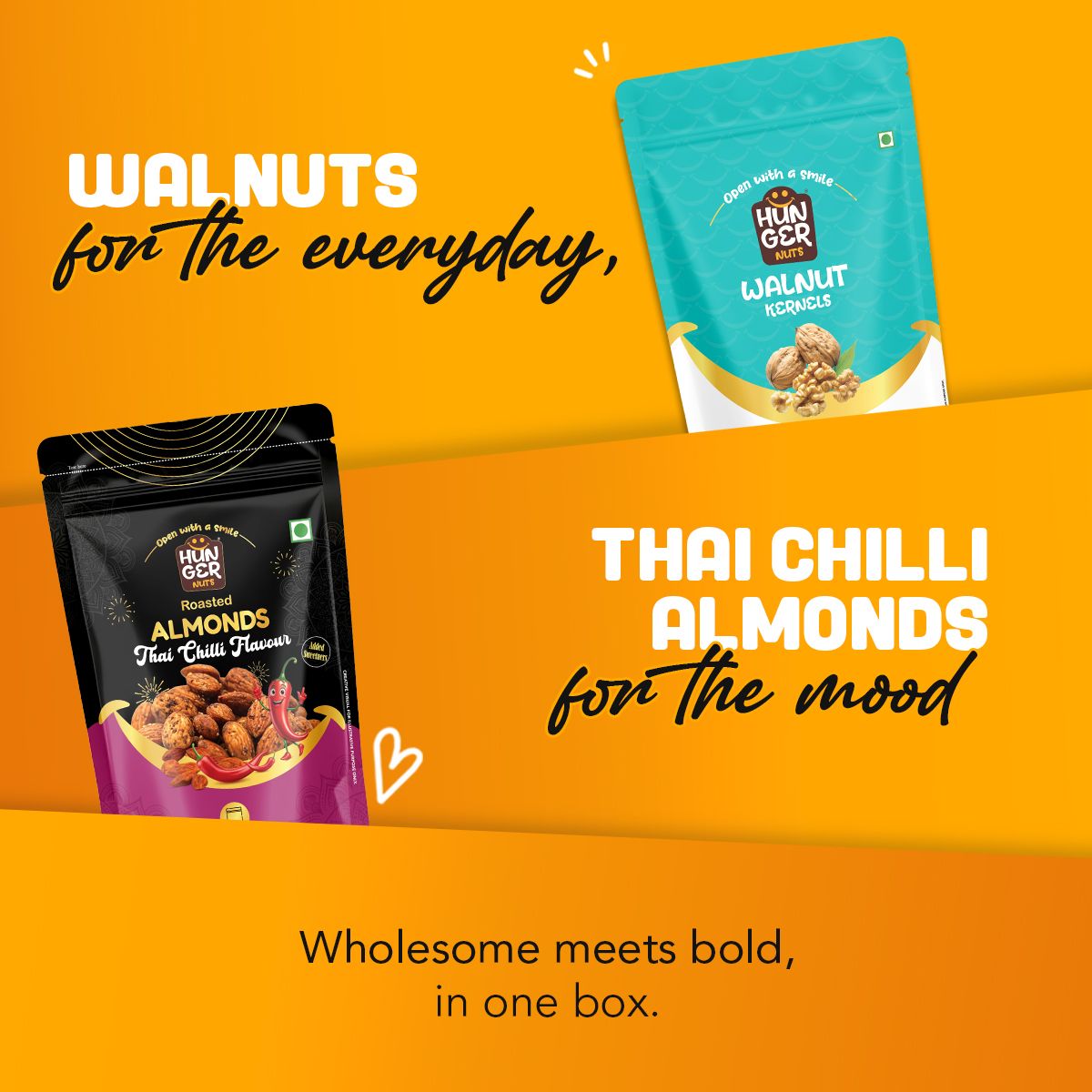 Hunger Nuts Walnut & Thai Chilli Duo: classic and flavoured nut packs side by side